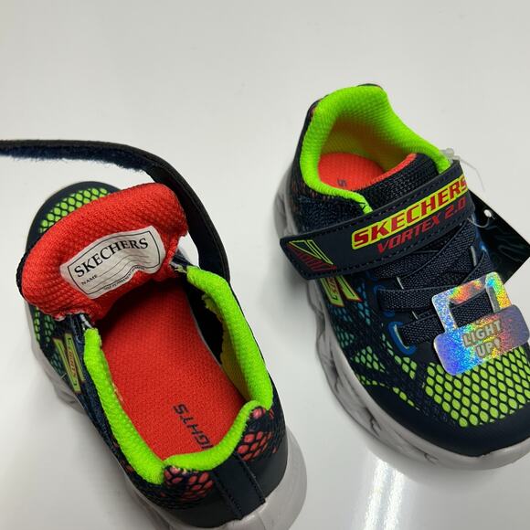 Skechers S-Lights Toddler 6 Light Up Boys Shoes Navy Neon Hook Loop Sneakers NEW - Picture 11 of 13